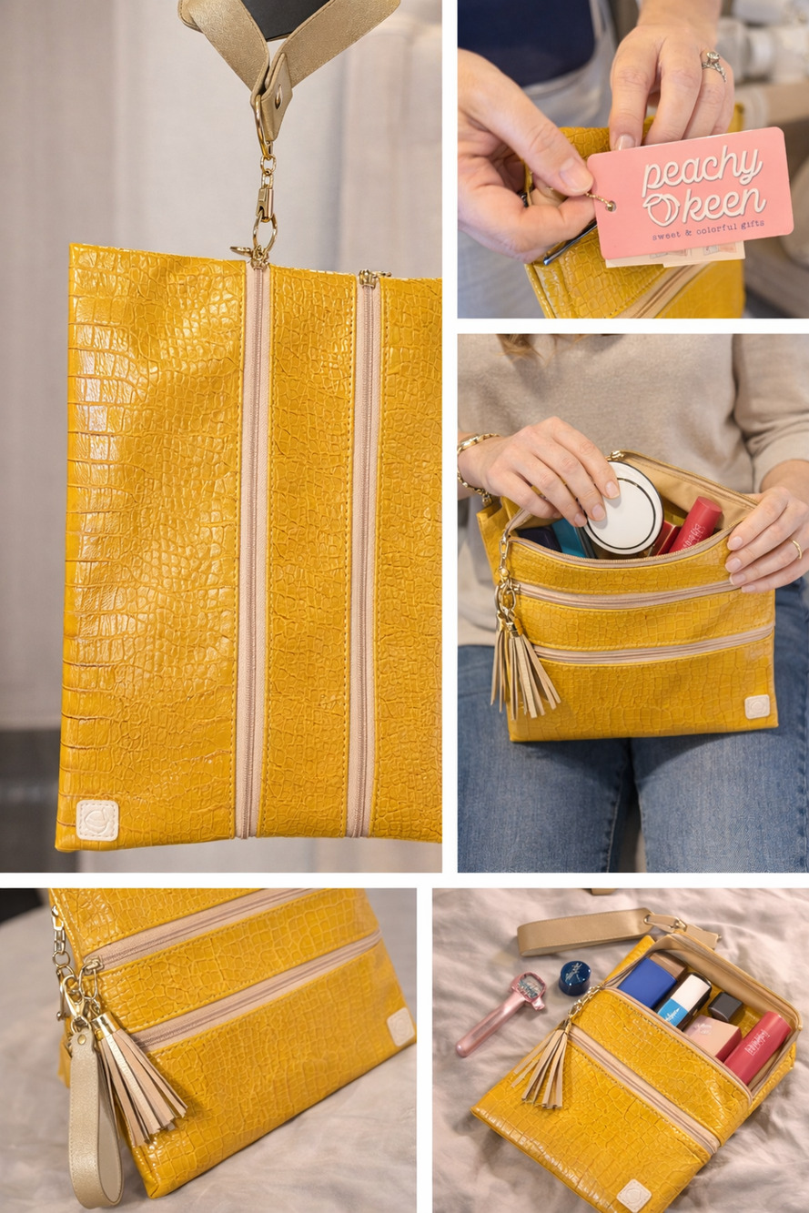 Mustard Yellow Croc Embossed Multi-Zip Wristlet / Travel Organizer